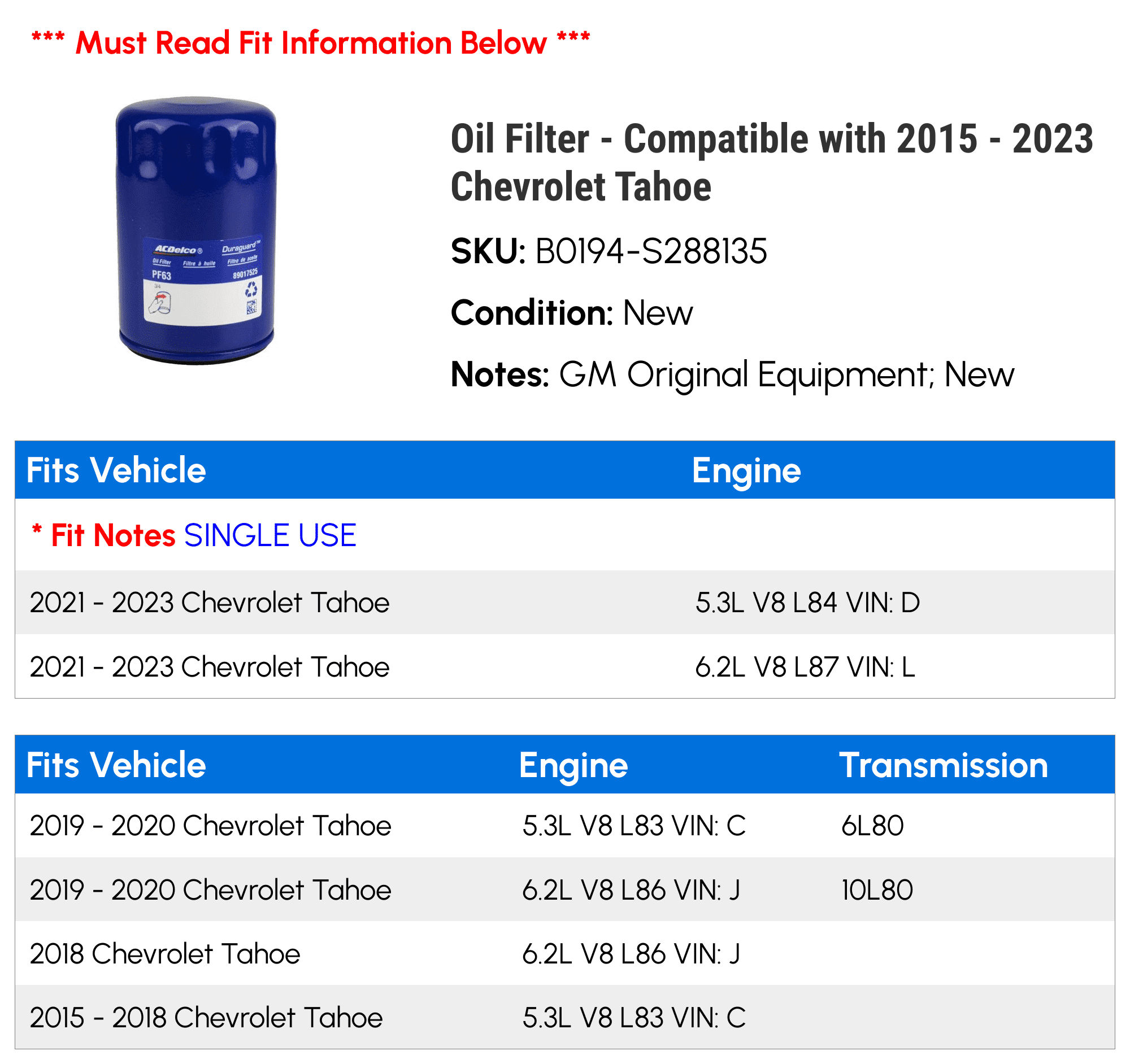 ACDelco Professional PF63E Motor Oil Filter Fits 2015-2023 Chevy Tahoe