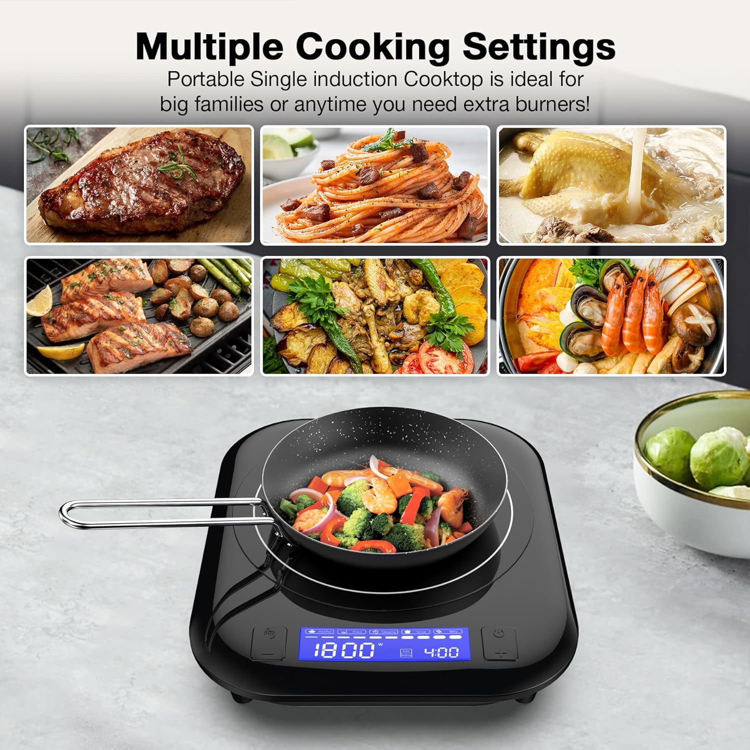 Single Induction Cooktop 1800W Electric with LCD Touch Control, 9 Temp Levels & Timer for Kitchen Dorm RV