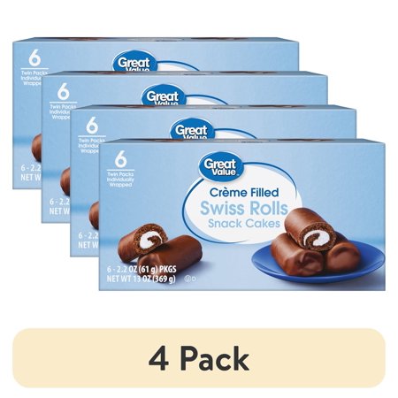 (4 pack) Great Value Creme Filled Swiss Rolls Snack Cakes, 13 oz, 6 Count