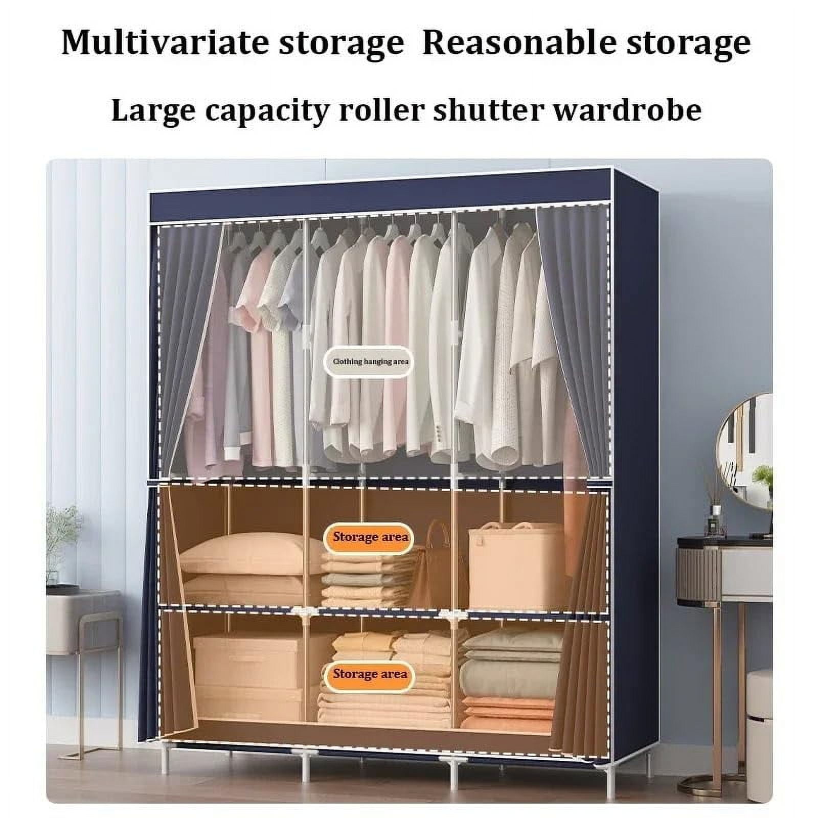 Portable Closet Organizer with Cover, Non-woven Fabric Clothing Rack Shelf, Dustproof Wardrobe Closet Storage, Navy Blue