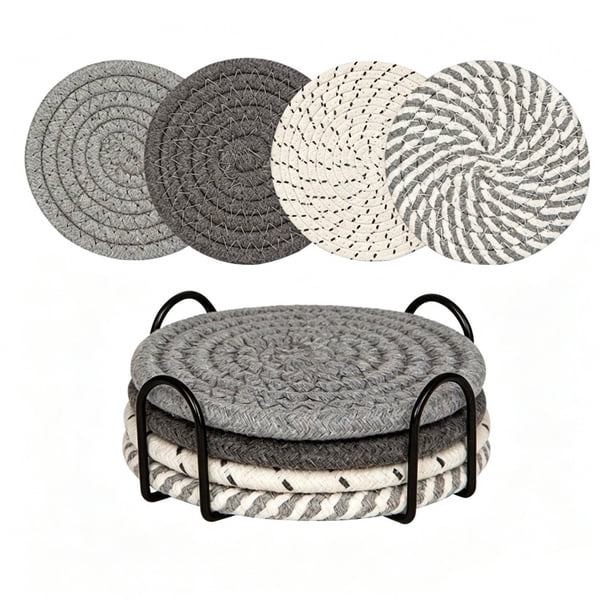 HWRETIE Round Cotton Woven Placemats,4 Pack Heat Resistant Table Mats with Storage Rack,Linen Dining Table Pads for Kitchen,Coffee Table and Home Decor