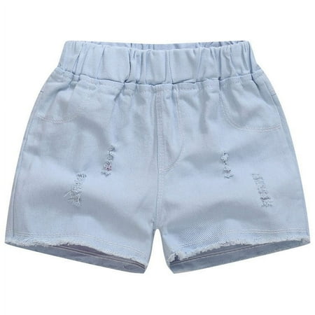 Girls Ripped Denim Shorts  Elastic Waist Summer Casual Jeans Shorts Kids Stretch Twill Shorts with Pockets Child Cotton Shorts Cotton Boy Shorts Underwear for Women Light Blue 7Y