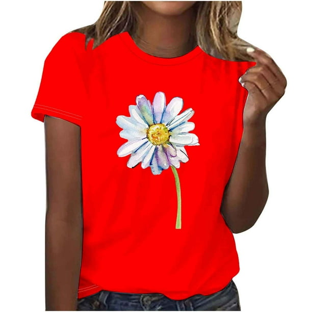 Camiseta de Manga Corta Impresa de Cuello Redondo Casual para Mujeres, 95% Poliéster 5% Elastano Top Ligero para Diario, Fiesta Y Uso