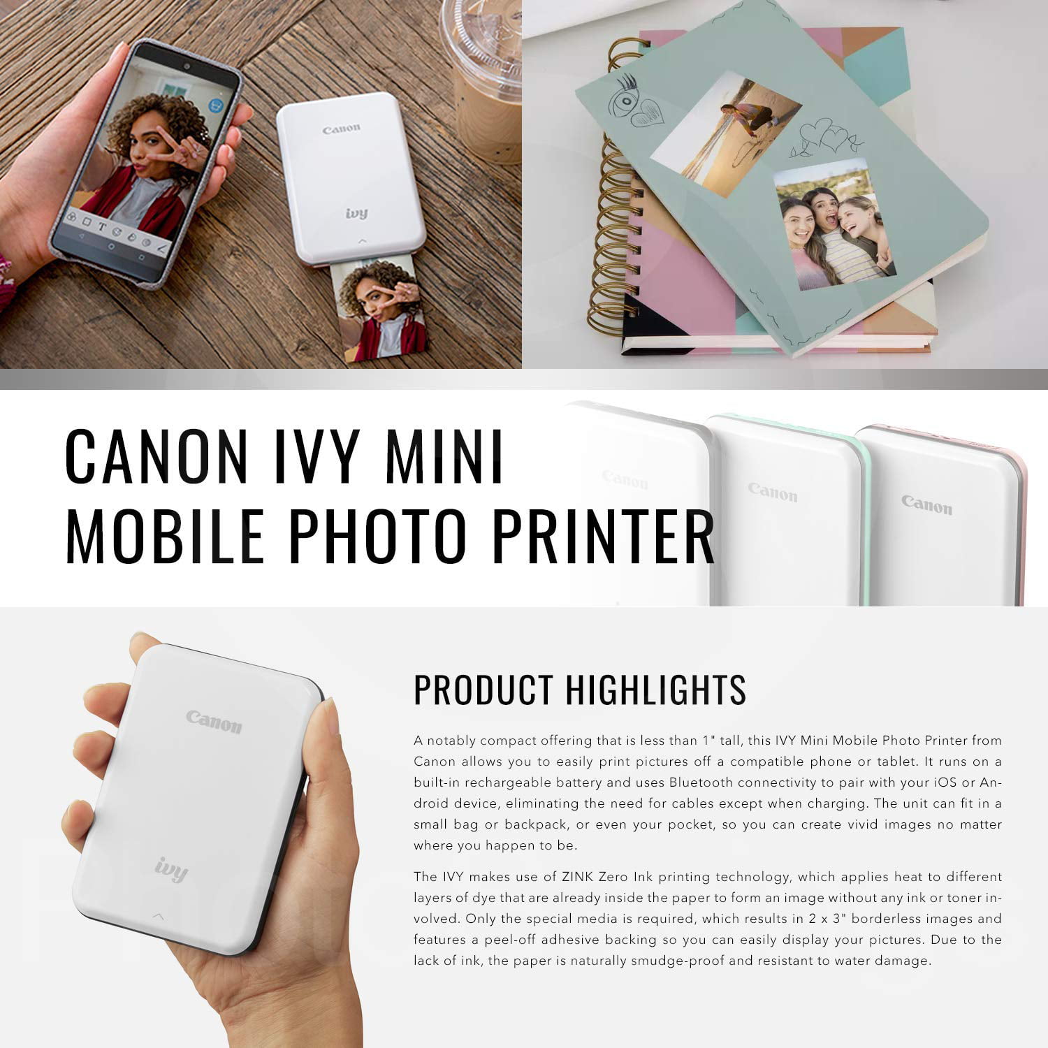 color oro rosa zinc, 5 x 7,6 cm, 10 hojas Canon Ivy Mini Mobile Impresora de fotos y papel fotográfico