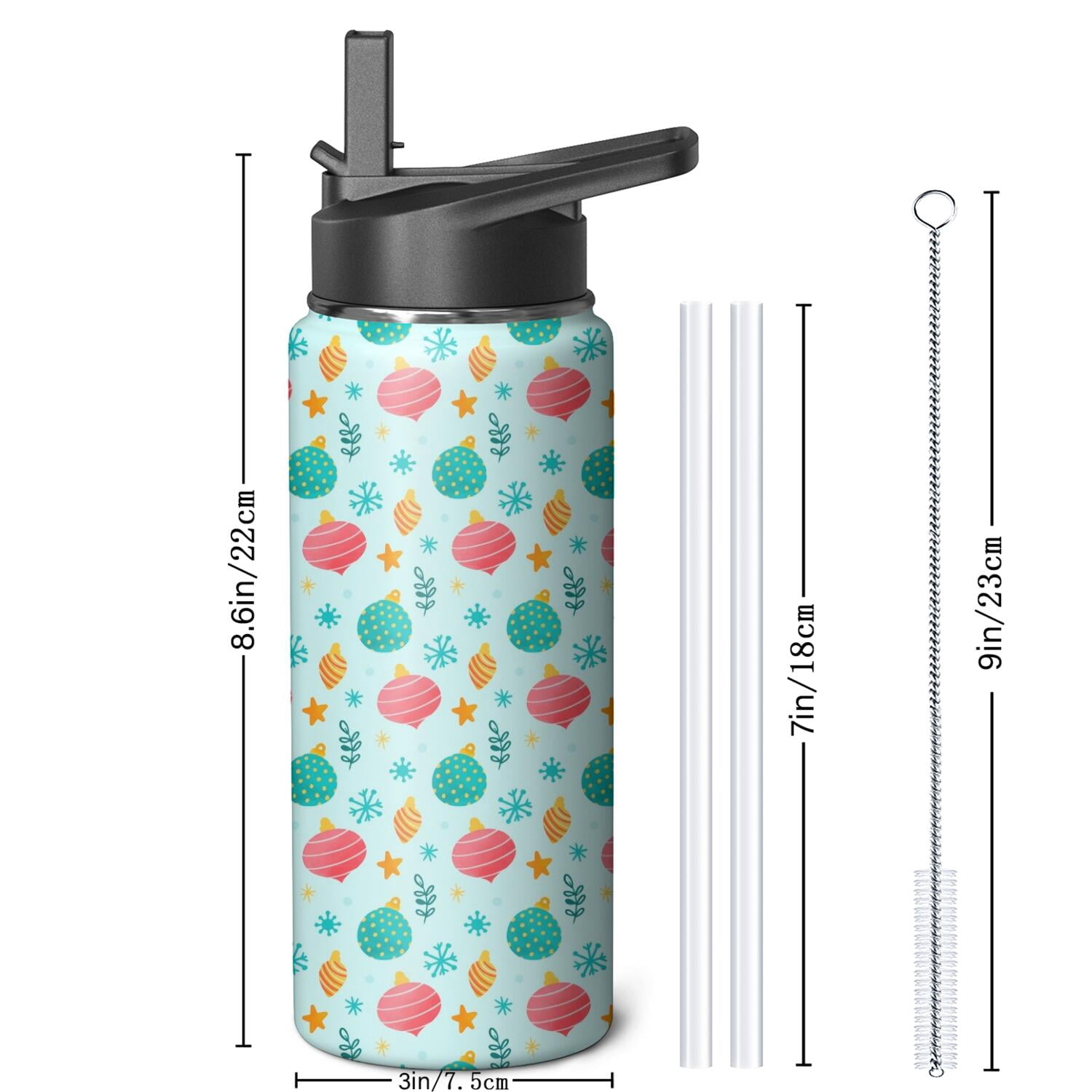 Christmas 18 oz Insulated Stainless Steel Water Bottle with Straw & Cleaning Brush , Leakproof, BPA-Free, 304 Stainless Steel, Wide Mouth, Travel Mug for Car, Gym, Office