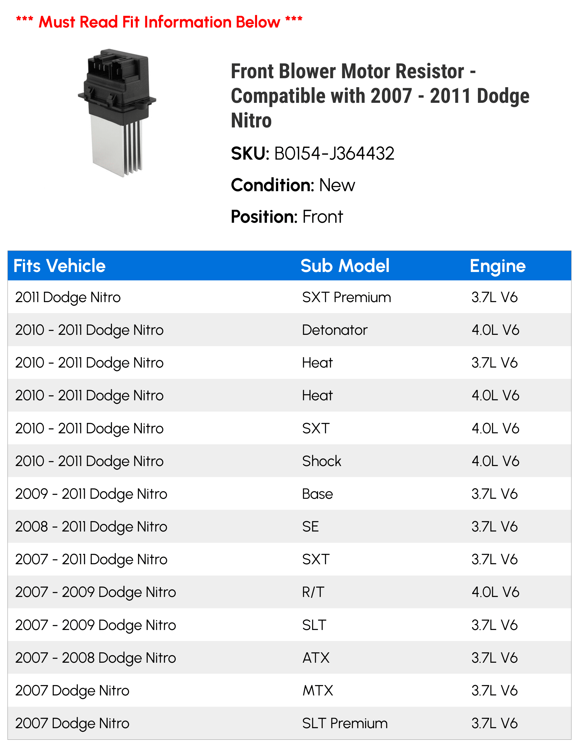 Front Blower Motor Resistor - Compatible with 2007 - 2011 Dodge Nitro - Autopart Premium