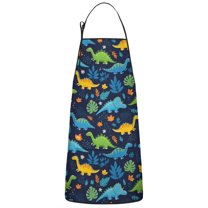 DarkBlue Colorful Dinosaurs Leaves Pattern Apron-Garden Aprons for Women with Pockets-Cotton Linen Waterproof Kitchen Cooking Gardening Aprons Adjustable for Kitchen,Cooking,BBQ and Salon 33x27 Inch
