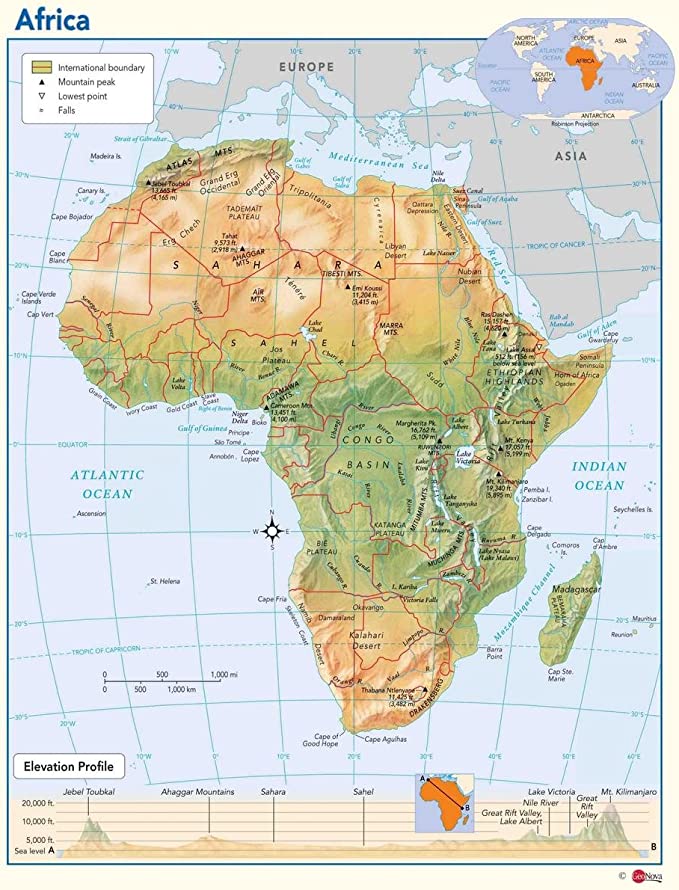 Iconic Arts Laminated 24x29 Poster: Physical Map - Africa Physical Wall ...