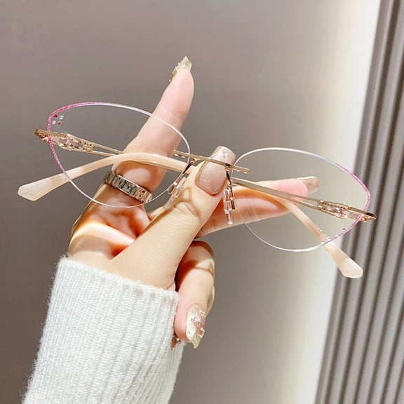 Women Rimless Anti-blue Light Reading Glasses 1.00 Ladies Ultralight Cat Eye Bling Purple Half Glitter Readers  1.00 Strength