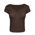 thumbnail image 6 of Womens Tops Workout Shirts Front V Neck Double Lined Short Sleeve Slim Fit Crop Trendy Fall Clothes for Women Tees Blouses Brown Size L, 6 of 8
