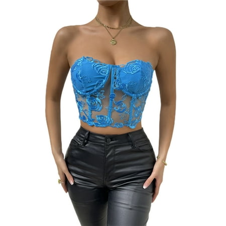 

Women s Sexy Strapless Boned Mesh Open Back Bustier Zip Up Corset Crop Tube Top