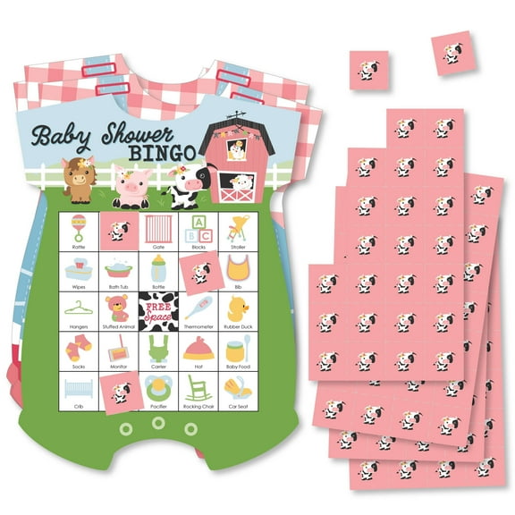 Big Dot of Happiness Girl Farm Animals - Picture Bingo Cards and Markers - Pink Barnyard Baby Shower Shaped Bingo Game - Set of 18