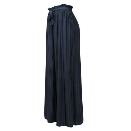Made by Olivia Women's Ribbon Tie Chiffon Loose Pleated Wide Leg Palazzo Pants Navy Blue ONE