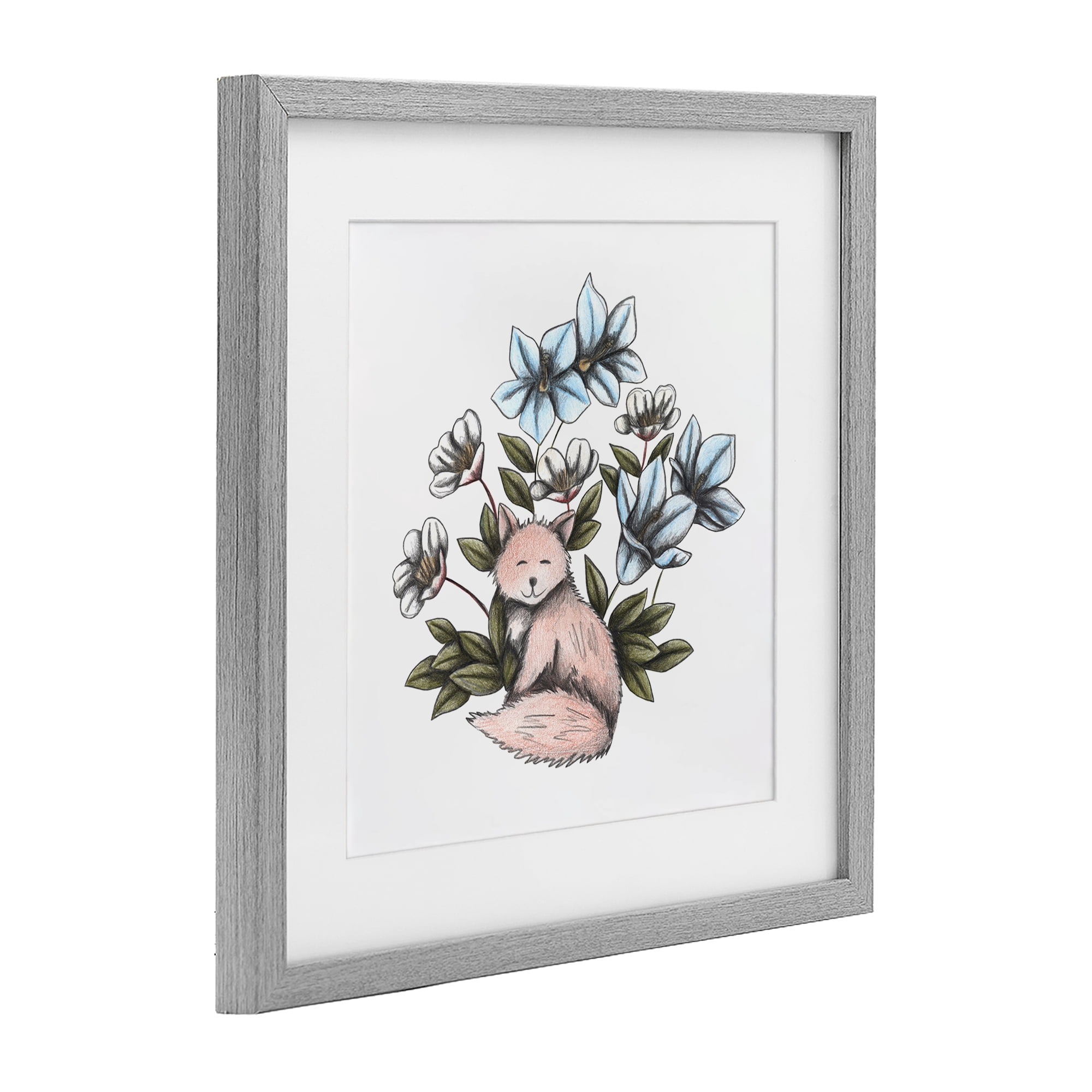 Gentle Fox with Flowers Gray Framed Print Under Glass, design by Cecilia Battaini
