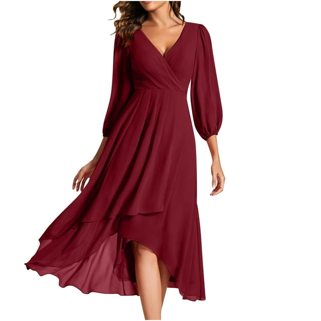 Liquidation d'Automne! Robes Décontractées pour Femmes 2024, Robe en Mousseline pour Femme à Fermeture Éclair, Plissée, Ligne A, Longueur Mi-Cuisse, de Mariage, à Manches Longues et Col en V, Bourgogne, 3TG
