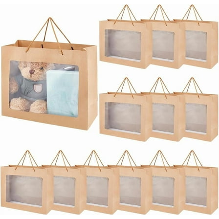 16pcs Gift Bags with Transparent Window Kraft Paper Shopping Bags with Handle for Birthday Wedding Party Florist Packing 12.36x10.16x4.63 Inch