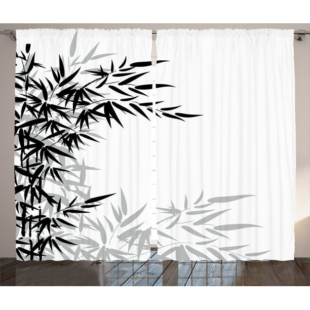 Bamboo House Decor Curtains 2 Panels Set, Bamboo Leaves On Clear Simple ...