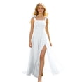 thumbnail image 3 of Flowy Chiffon Junior Bridesmaid Gown, Bow Tie Strap Ruched Square Neck High Slit Long Dress for Teen Wedding Ceremony White 130, 3 of 6