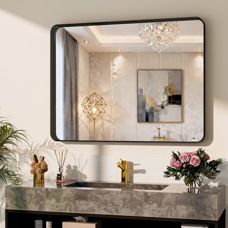 Easy4Home 40"x 30" Rectangular Bathroom Vanity Mirror with Round Corner Deep Frame Wall Mirror, Black