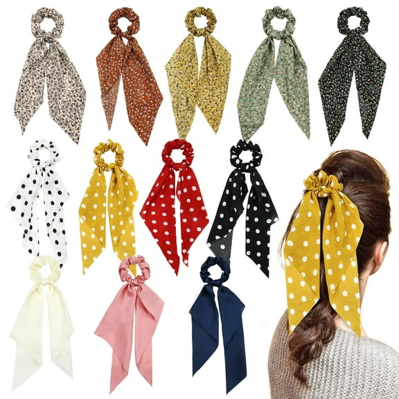 12 Pack Stretchy Hair Scrunchies with Long Ribbon Bow Floral Polka Dot Solid Hair Ties Elastics Hairbands Silk Chiffon Ponytail Holders Rubber Bands Accessories for Women Girls