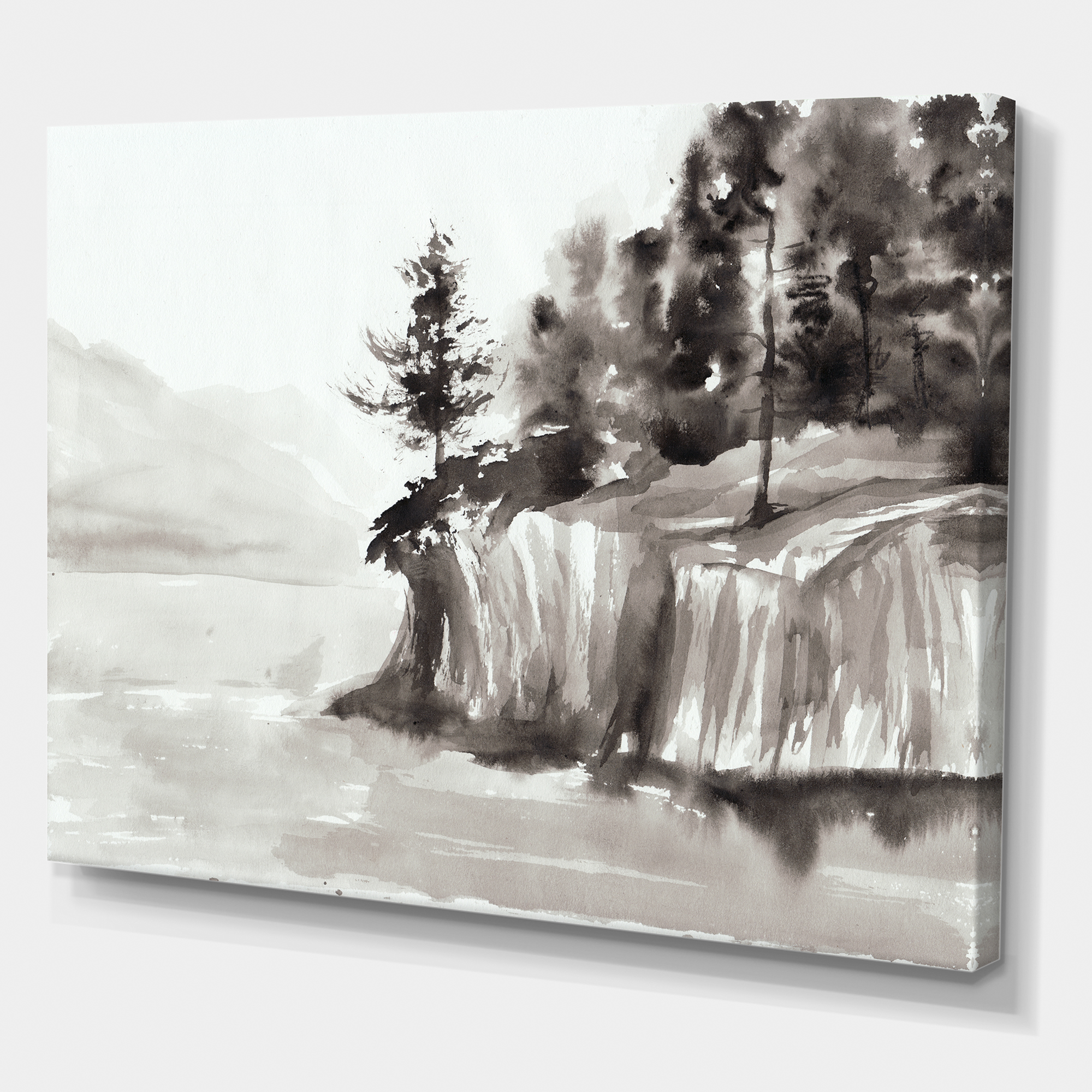 Black & White Cliffs By The Lake 40 in x 30 in Painting Canvas Art Print, by Designart