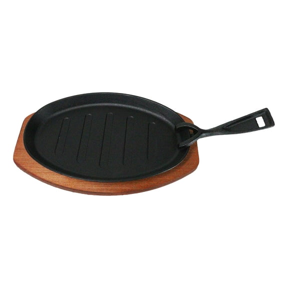 Personal Size Cast Iron Oval Fajita Steak Pan Skillet With Wood Trivet Base