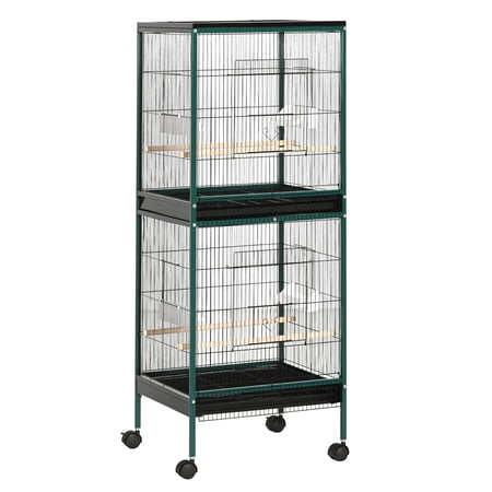 Large Bird Cage 55" with Wheels, Double Tier Aviary Indoor for Canary Finch Conure, 1.7ft Wide Multi-Door Design, Green Metal Bird Habitat