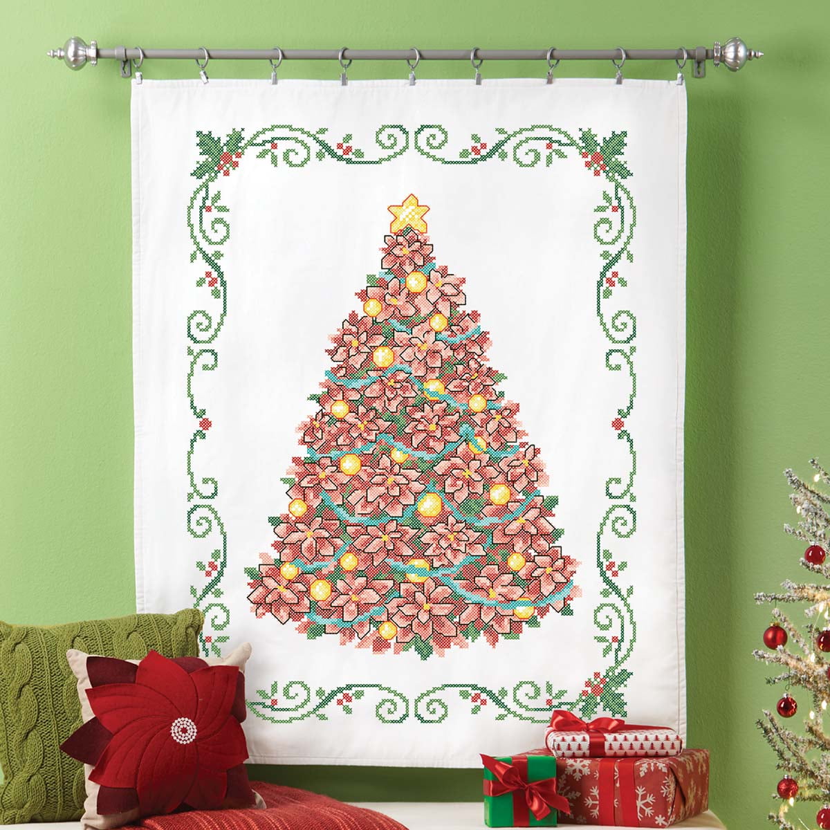 Herrschners® Poinsettia Tree Lap Quilt Top Stamped Cross