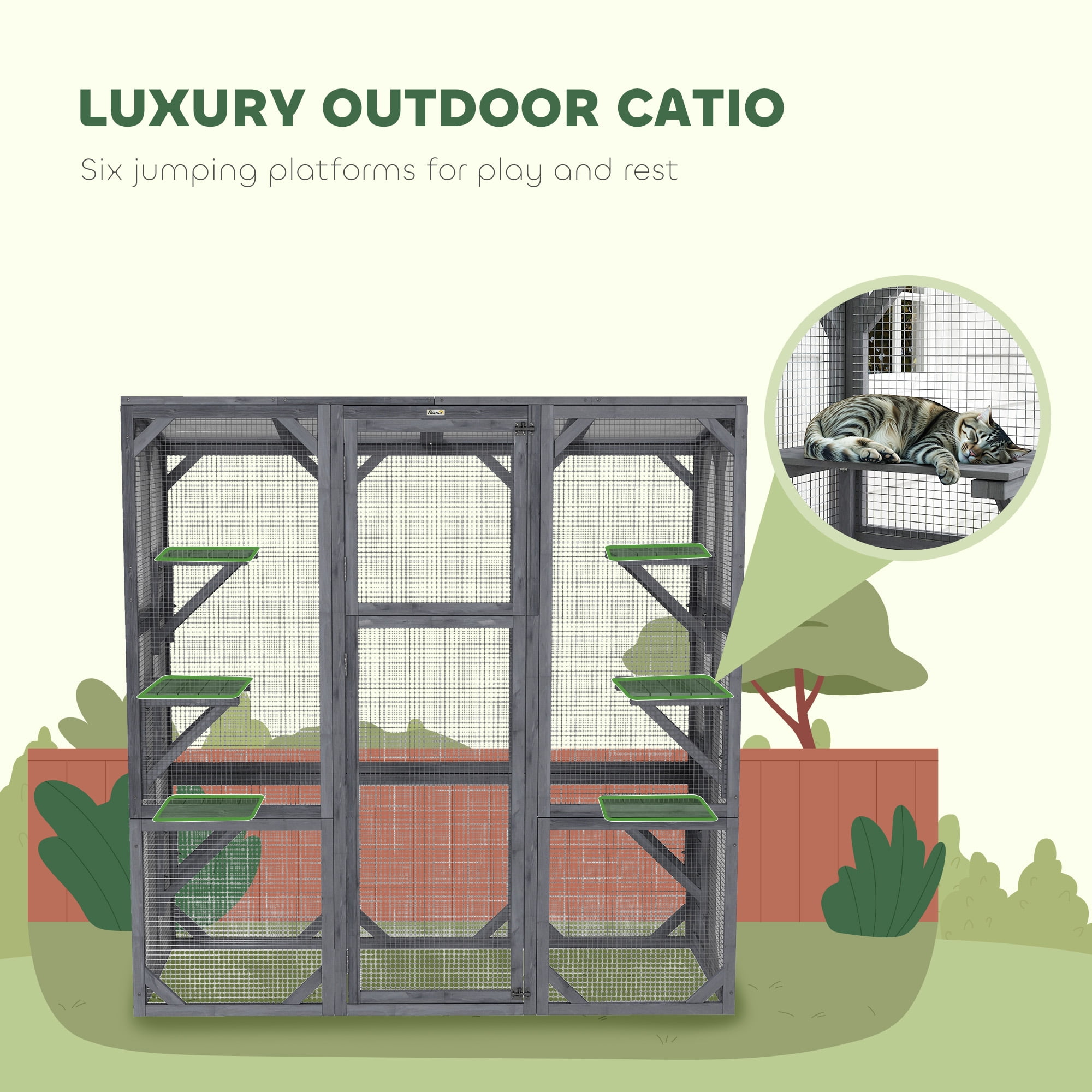 PawHut Catio Outdoor Cat Enclosure, Large Wooden Cat House with 6 Jumping Platforms, Weatherproof Roof, for 1-3 Cats, 59" x 28" x 60", Gray