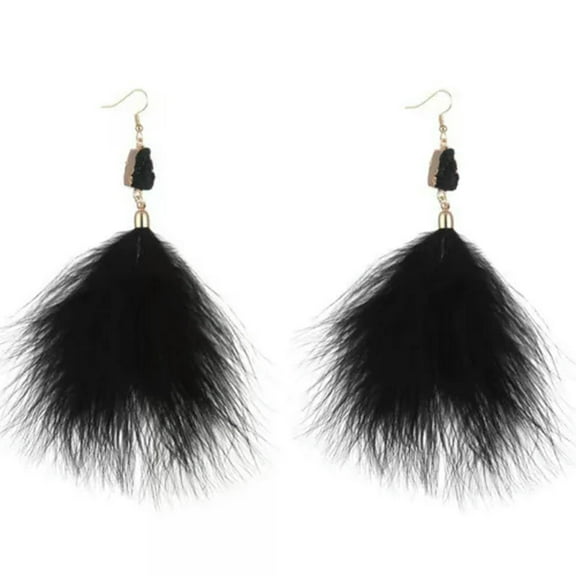 K-KED Women Ostrich Feather Earrings Long Tassel Dangle Drop Earrings Delicate Jewelry Bohemian-Black
