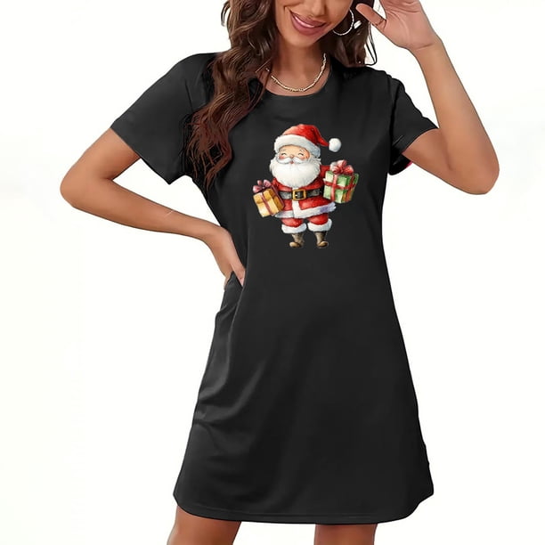 Camisón corto navideño para mujer, talla grande, cuello redondo, manga corta, estampado en el pecho, vestido de noche para mujer