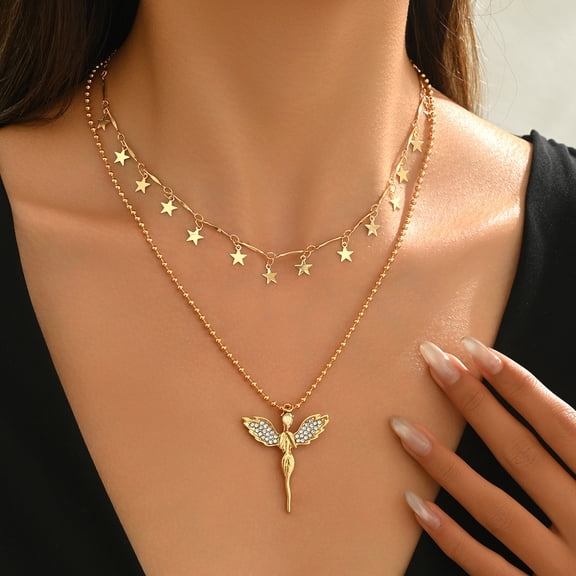 NICKSUN Angel Star Necklaces for Women,14K Gold Plated Cubic Zirconia Love Necklace Dainty Layered Pendant Personalized Chain Stackable Jewelry Gift