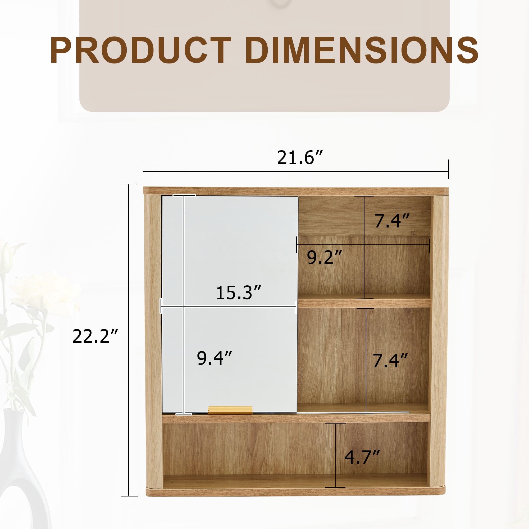 Leumius Wall Mounted Mirror Cabinet,Bathroom Storage Cabinet with Single Door and Open Shelves, Multipurpose Wall Organizer for Bathroom Vanity Laundry Room Natural