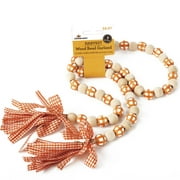 WAY TO CELEBRATE 3' Natural/Orange Buffalo Check Wood Bead Garland with Bow Accent & Ribbon Tassel