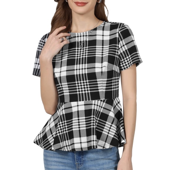 INSPIRE CHIC Women's Plaid Peplum Top Short Sleeve Business Casual Ruffle Hem Blouse S Black
