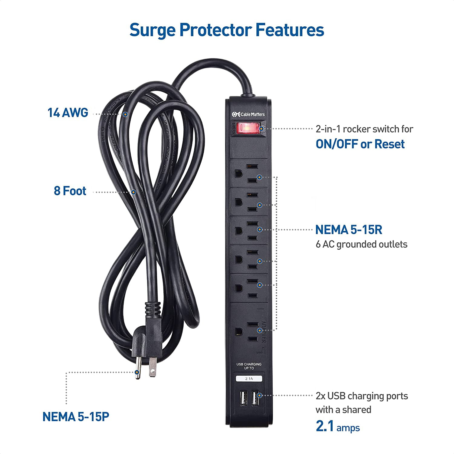 Cable Matters 2-Pack 6 Outlet Surge Protector Power Strip with Charging Ports, 300 Joules with 8 Foot Power Cord in Black - Walmart.com