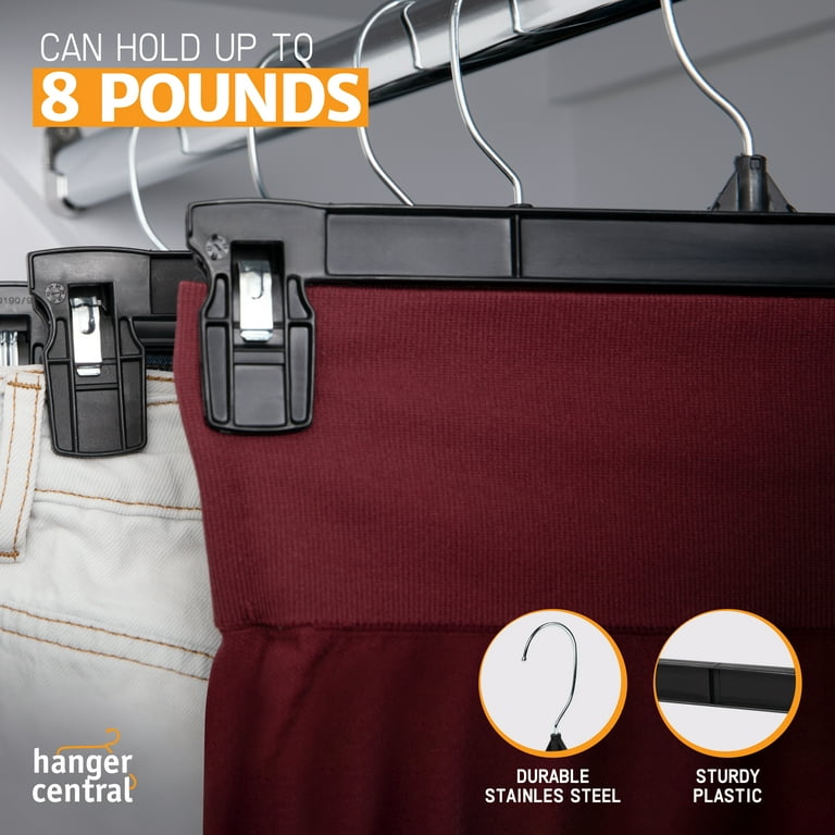 Hanger Central Recycled Black Heavy Duty Plastic Pants & Skirt Bottom Hangers with Padded Pinch Clips and Polished Metal Swivel Hooks, 12 inch, 50