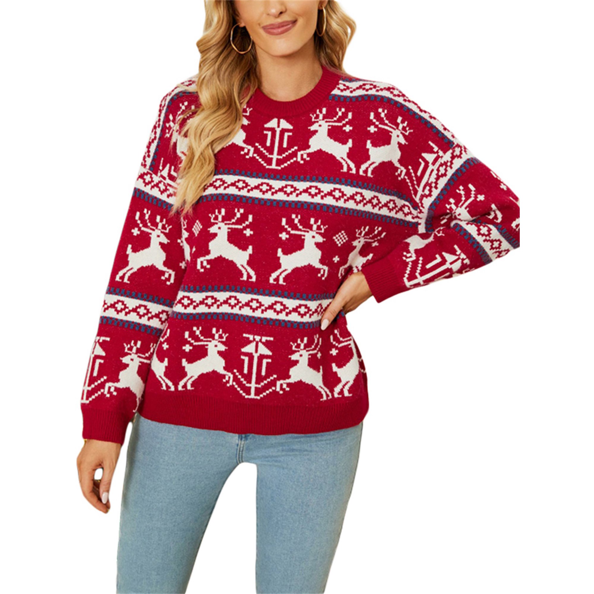 Spring hue Women Christmas Knitted Sweater Long Sleeve Elk Print Pullover  Retro Jumpers Tops Fall Loose Knitwear - Walmart.com