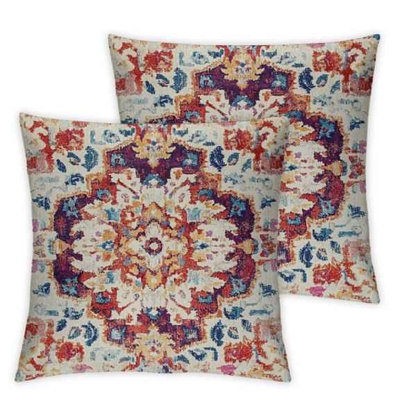 Sweetshow Light Blue Orange Boho Pillow Covers Set of 2 Rustic Ethnic Carpet Pattern Geometric Vintage Floral Print Decorative Throw Pillows Fall Farmhouse Cushion Case Decor for Couch Sofa Bed