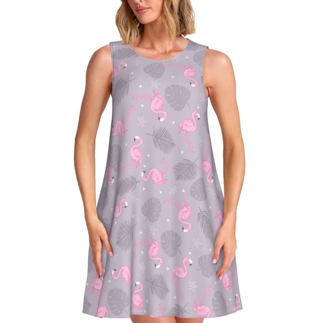 Fotbe Flamingo Vestido de Verano sin Mangas para Mujer – Vestido Midi Línea A, Estilo Camiseta Floral, Vestido Playero Casual y Fluido