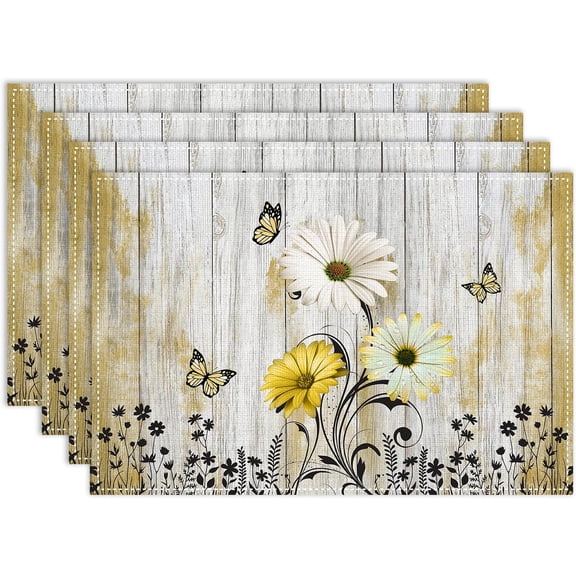 Daisy Placemats Set of 4, 12x18 Inch Retro Daisy Floral Yellow Seasonal Spring Summer Holiday Farmhouse Coffee Table Mats for Party Kitchen Dining Decoration