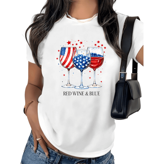 UNISHE Women's Red Wine Blue Graphic Short Sleeve T-Shirt Patriotic Wine Glass Design Cotton Crewneck Casual Comfortable Fit Tops