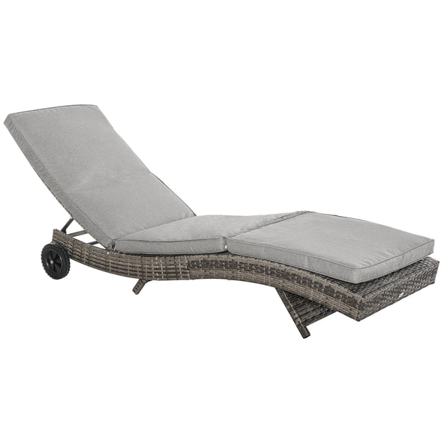 Outsunny Wicker Chaise Lounge with Cushion and Wheels for Patio - Set of 1, Grey