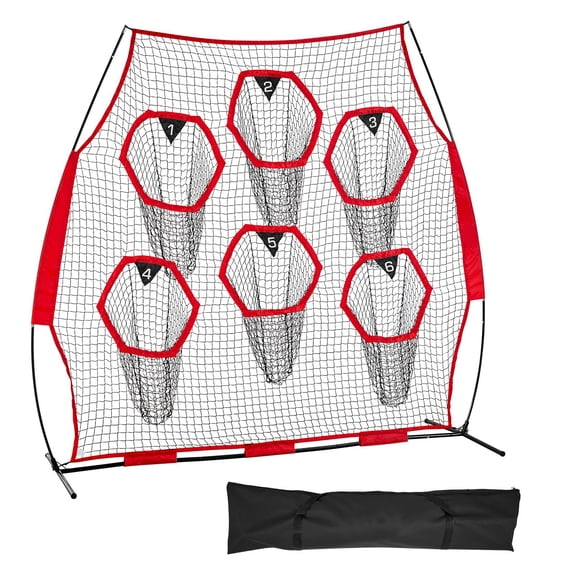 8 ft x 8 ft Football Training Net with 6 Target Pockets, Portable Quarterback Accuracy Trainer Includes Carry Bag&Straps, Red