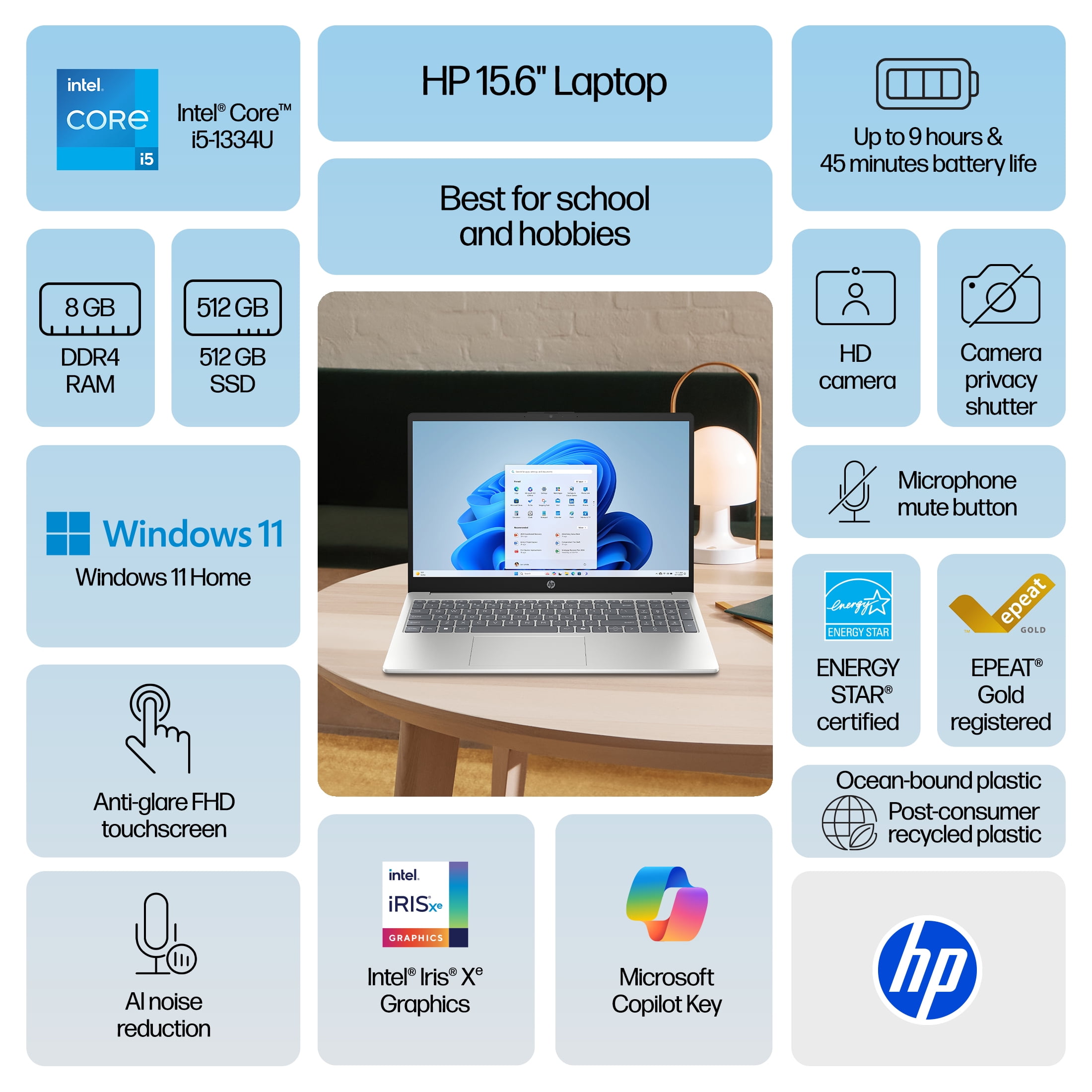HP 15.6 inch Windows Touch Laptop Intel Core i5-1334U 8GB RAM 512GB SSD Natural Silver