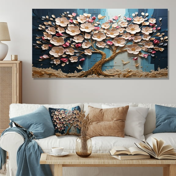 Designart "Orchid Garden Blue and White Tree I" Oversized Landscapes Wall Art - Country Gold Tree Entryway Wall Art Print