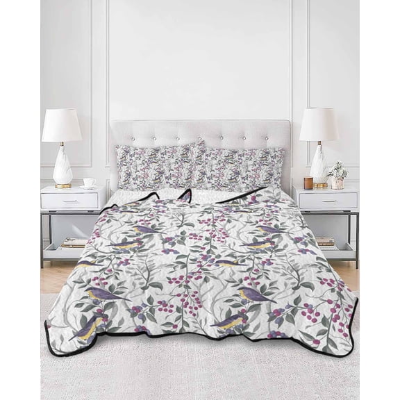 Quilts Queen Size, Spring Botanical Birds Soft Comforter Bedding Set for Bed, Garden Floral Twigs Farmhouse Lightweight Quilted Bedspread with Pillow Cover(2 Pieces) for All Season, 90x96 Inch