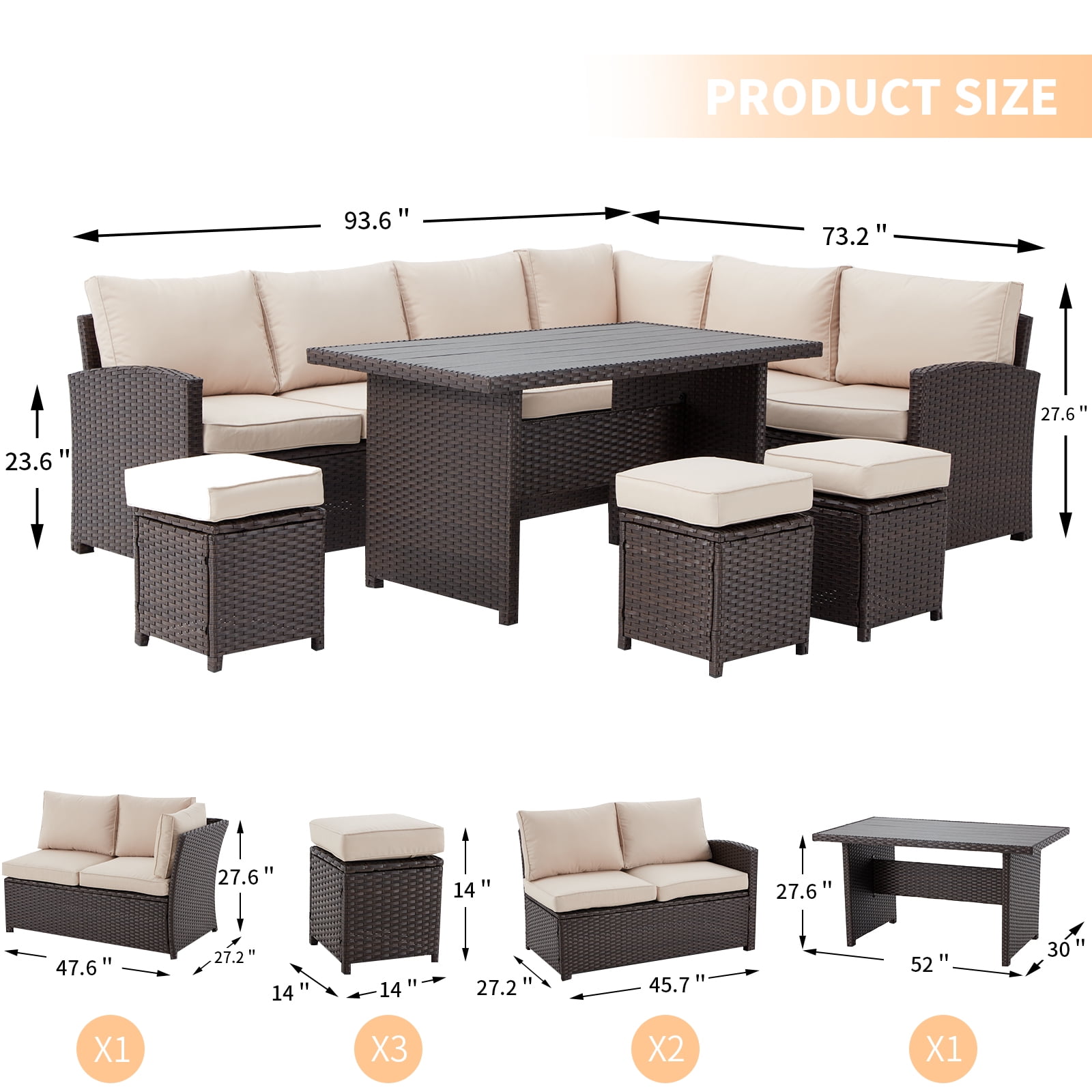 AECOJOY 7 Piece Patio Conversation Set, Outdoor Sectional Sofa Rattan Wicker Dining Furniture in Beige