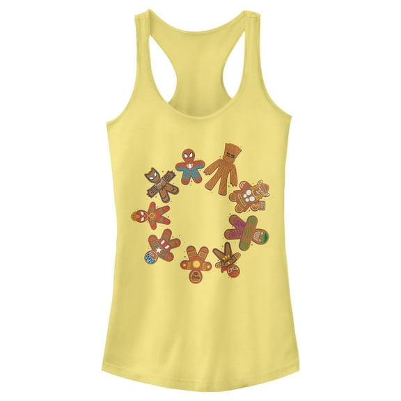 Junior's Marvel Christmas Gingerbread Cookie Circle  Racerback Tank Top Banana Large