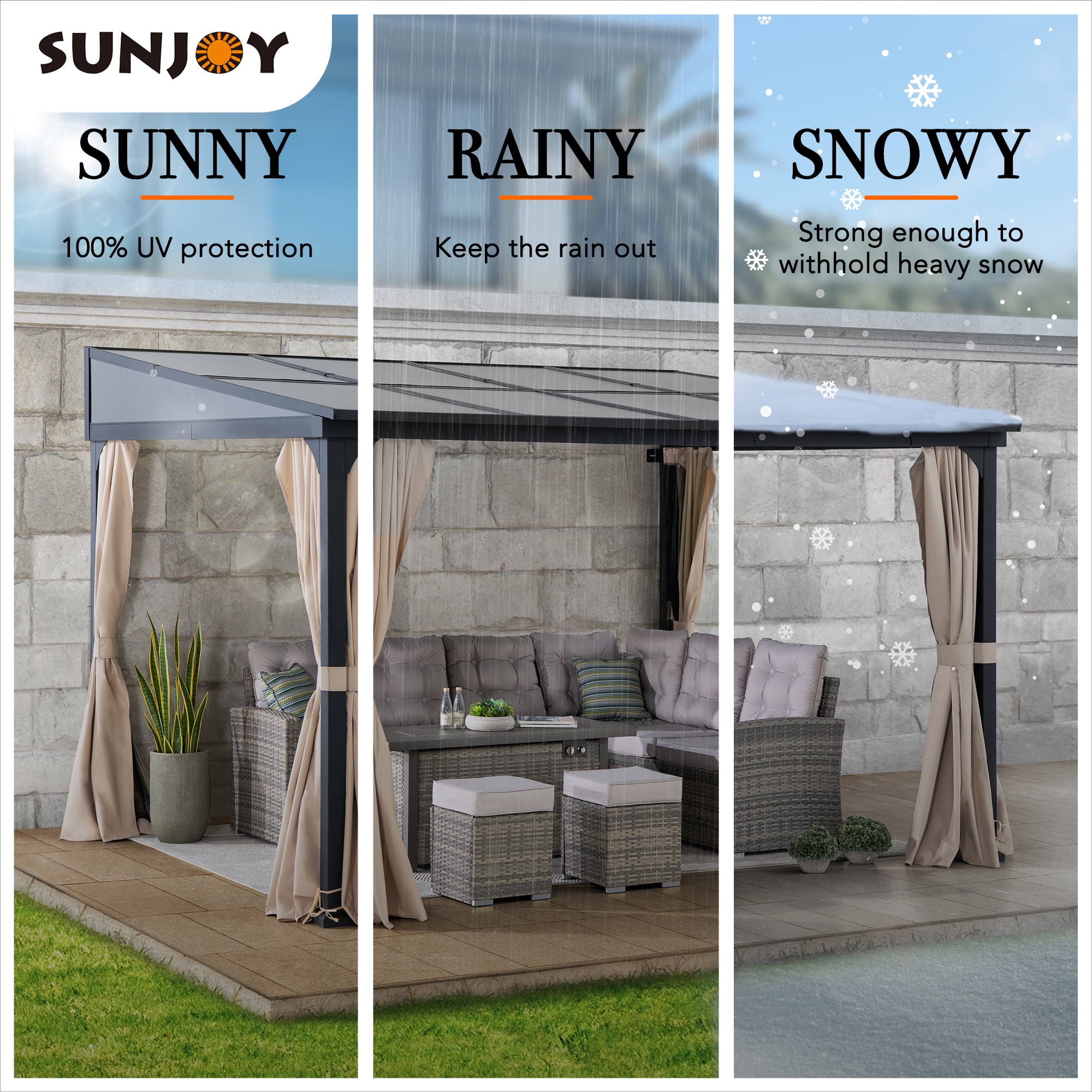 Sunjoy 10 x 12 ft Wall Mounted Gazebo with Polycarbonate Roof, Black Aluminum & Metal Frame Lean to Gazebo with Curtains and Netting